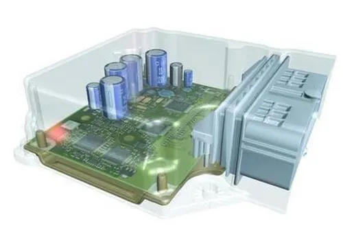 Opengewerkte airbagmodule met printplaat en stekkeraansluiting